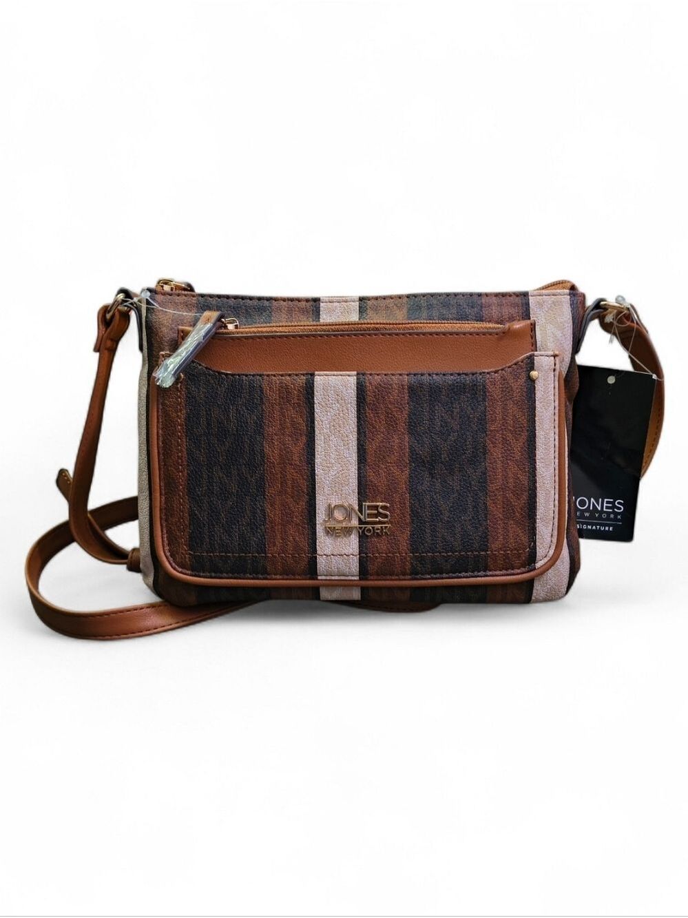 NWT Jones New York Tan Brown Stripe Crossbody Bag & Matching Wristlet Set